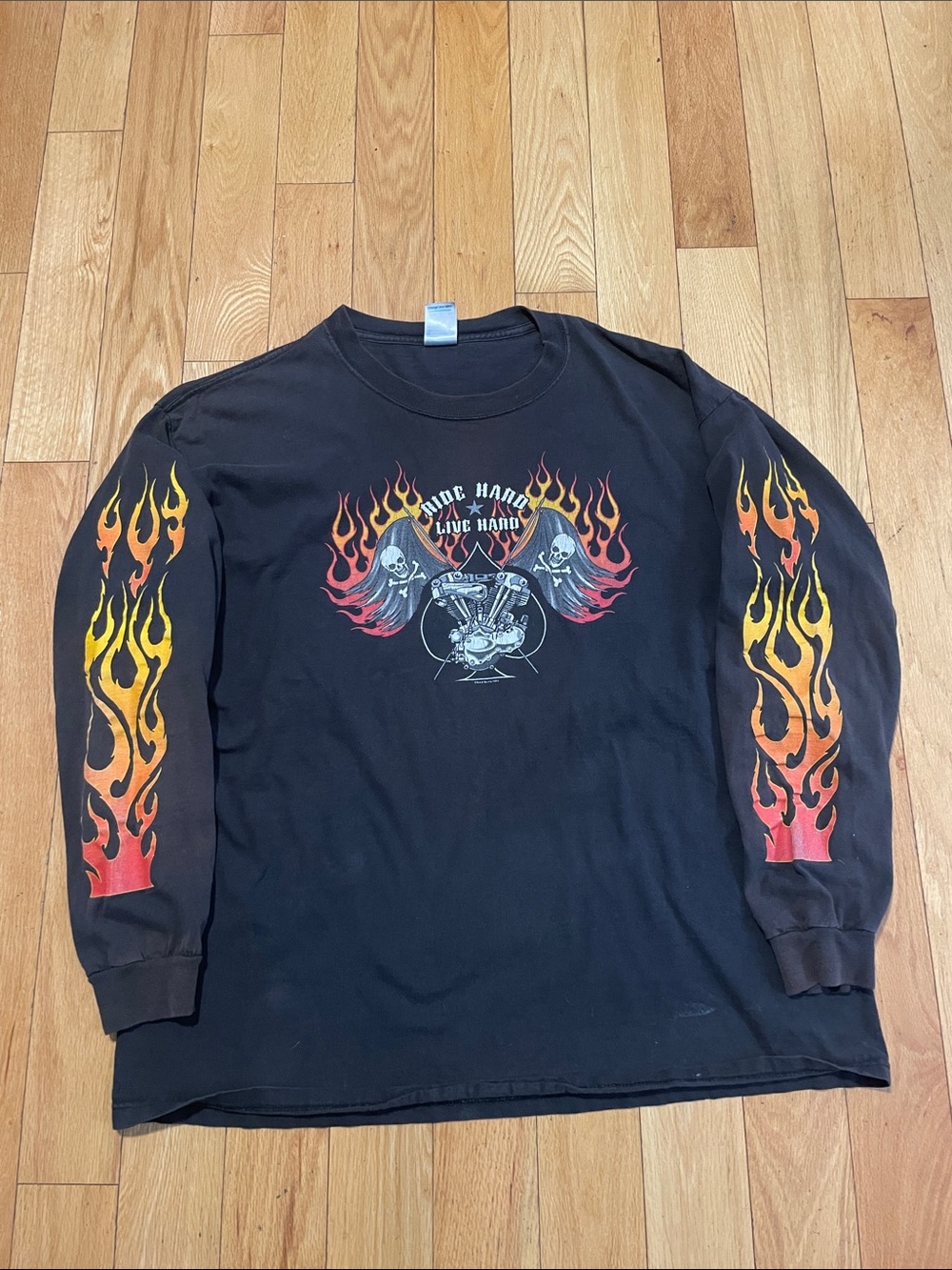 Delta Black Long-Sleeve Shirt with Yellow-Orange Flame Sleeves